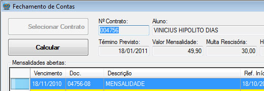 Fechamento de contas - Selecionar contrato